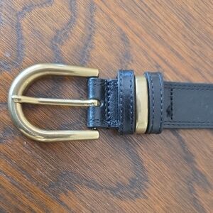Sezane Black Leather Belt with Gold Buckle